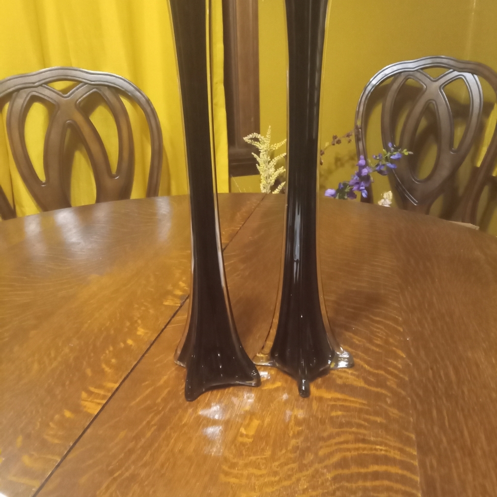 Hand Blown Black Fluted Vases Set Of 2 - 15" H